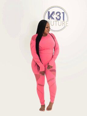Women's Coral Pink K31 Kouture Seamless Mesh Cutout Legging Set Crop Top